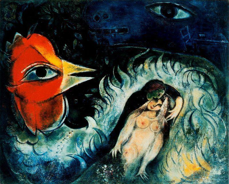 Le coq amoureux contemporain de Marc Chagall Peintures à l'huile